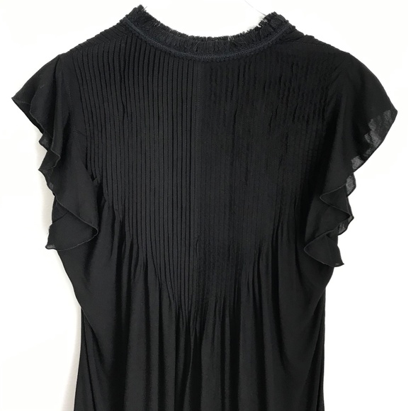 Poupette St Barth Sasha Black Mini Dress S Pleated Flutter Sleeve Lace Trim - Picture 7 of 10